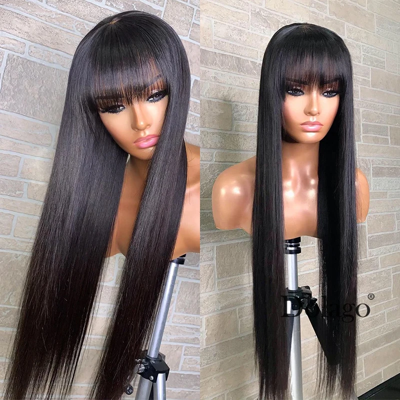 

Heat Resistant Long straight Synthetic Lace Front Bob Wigs With Bangs Glueless Natural Pre Plucked Hairline fringe Wigs