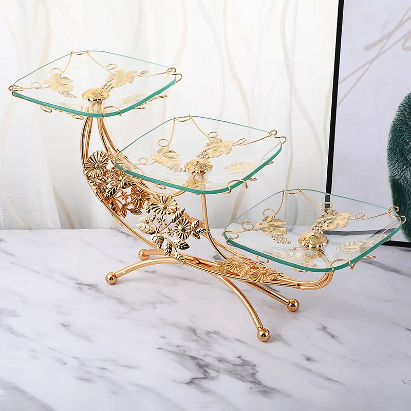 

Wholesale Arabic 3tier Candy Basket Fruit Bowl Round Tempered Glass Serving Tray Dishes Stand For Ramadan Wedding Decorations, Gold