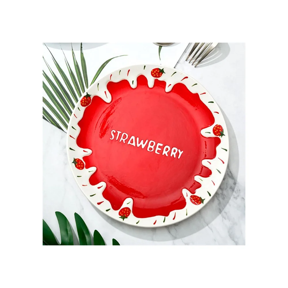 

8.5 inch strawberry Ceramic Circular Plate Bakeware Irregular Creative Style Western Steak Household Suitable for Microwave Dish