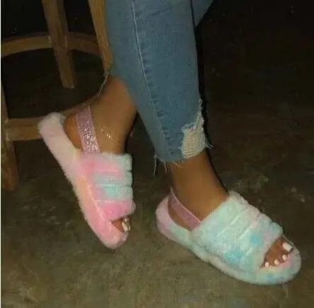 

Fashion wholesale fur slippers for women custom faux fur slide sandal ladies slippers, Gery brown