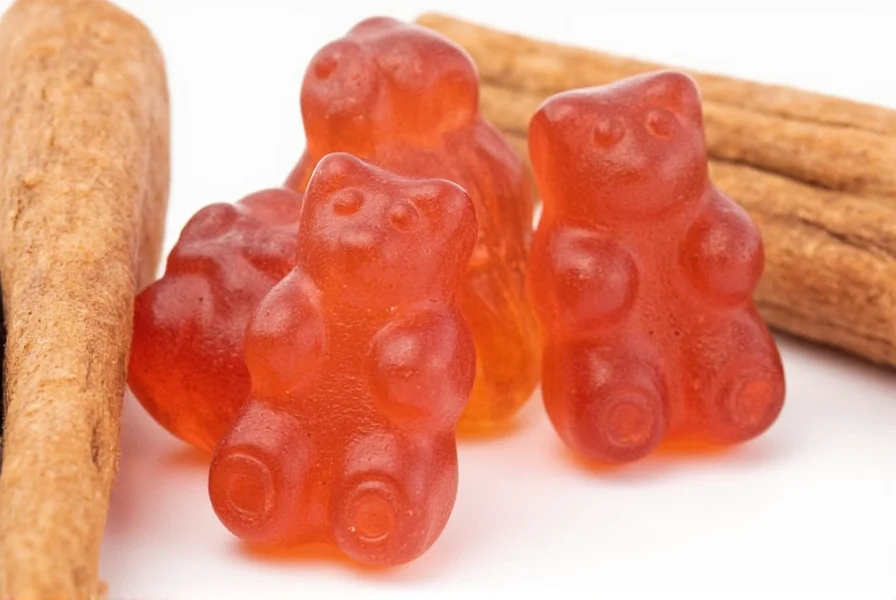 Close-up photography of cinnamon gummy bears showing their distinctive reddish-brown color and glossy texture on a wooden table
