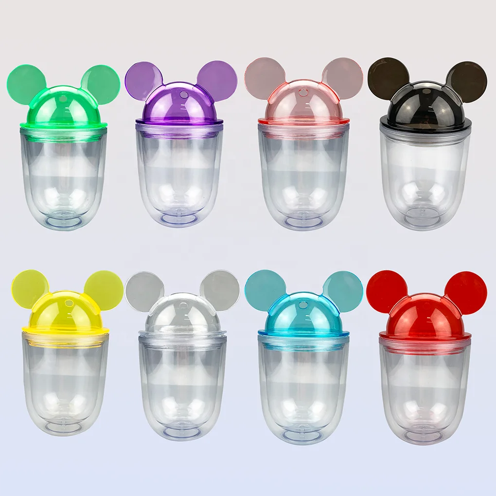 

Popular Double Wall Clear Plastic Mickey Mouse Mug 12oz Acrylic Mini Mickey Minnie Mouse Ear Cup Tumbler With Dome Lid, Colorful