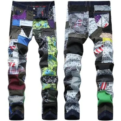 

2021 New Design Fashion Men Biker Jeans Ripped Skinny Patchwork Denim Pants
