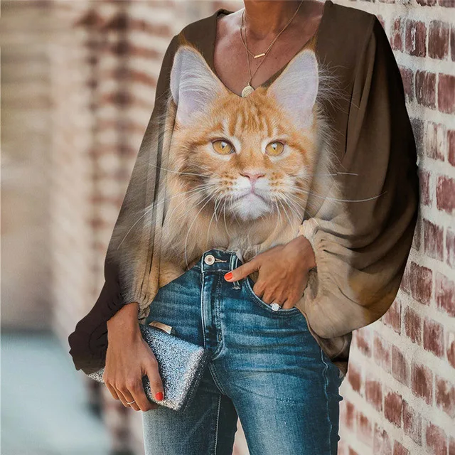 

Large Size Blouse Kawaii Maine Coon Cat Print Blouse 2021 Casual Loose Long Sleeve Shirt Tops V-neck Women Clothing