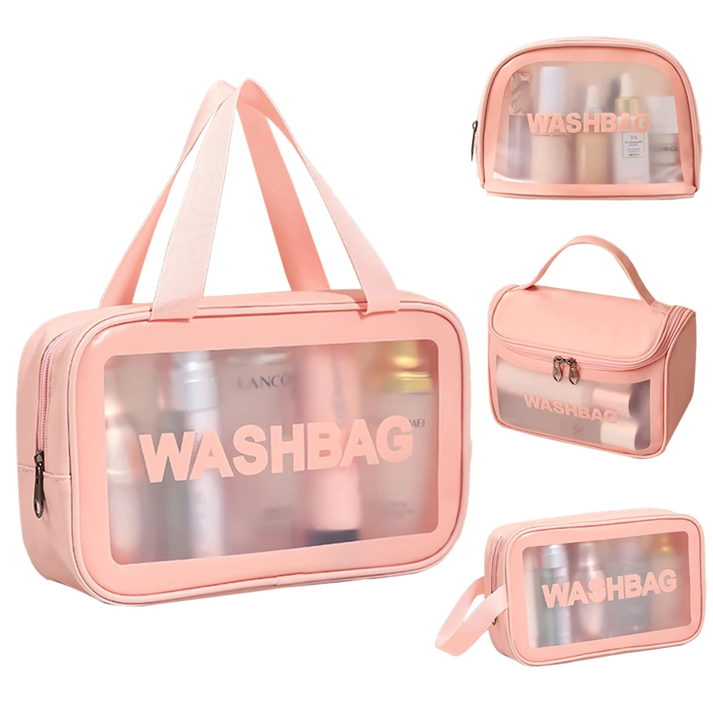 

Stock Logo Printed Customize PU Leather Wash Toilet Zipper Bag Set with Frosted Window Waterproof Travel Organizer Storage Bag, White, black, pink, customizable