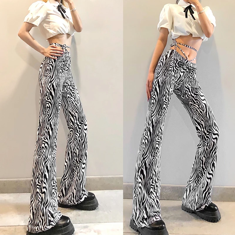

High quality Female Zebra pattern loose long pants lady high waist Waist straps casual trousers women wide leg pants