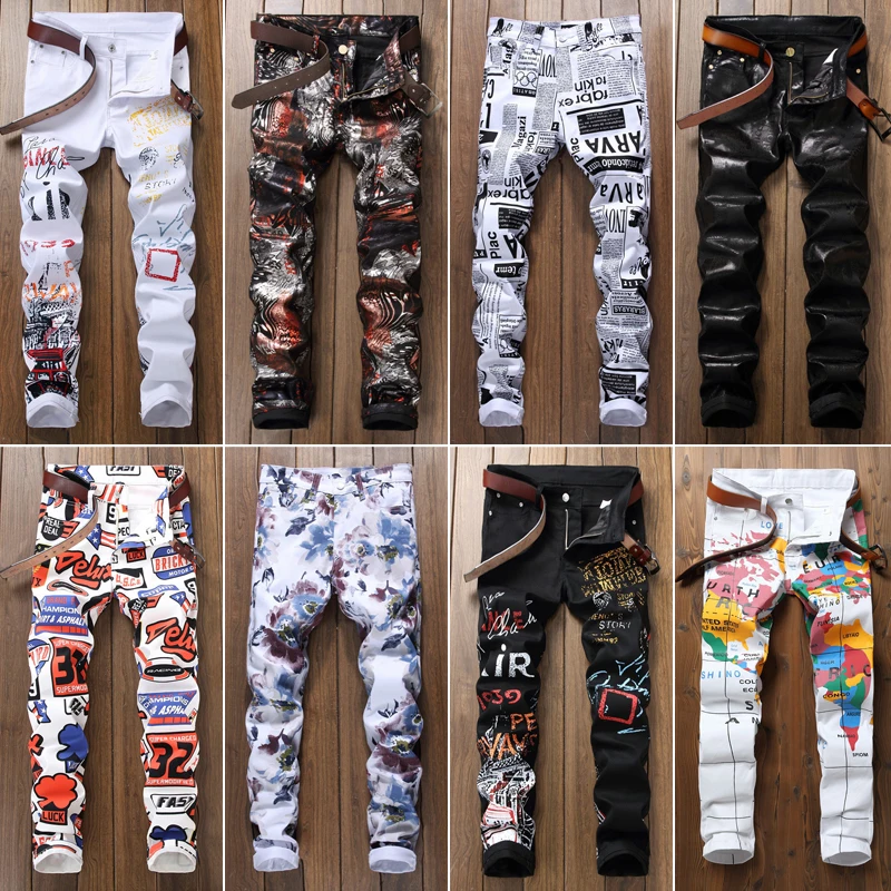 

New motorcycle style men's jeans patch beggar pants ripped casual stretch men's pants mid-waist men's ripped denim pants, Mixed colors