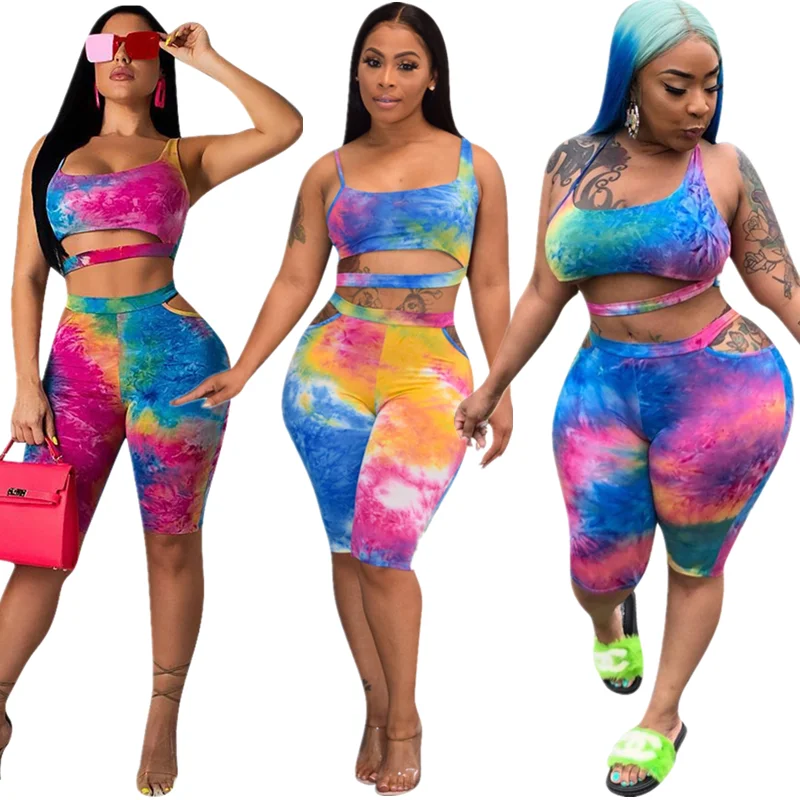 

2021 Summer Latest Design Women's 2 Piece Bodysuits Tie Dye Printing Shoulder Vest Plus Size Outfit For Wholesale