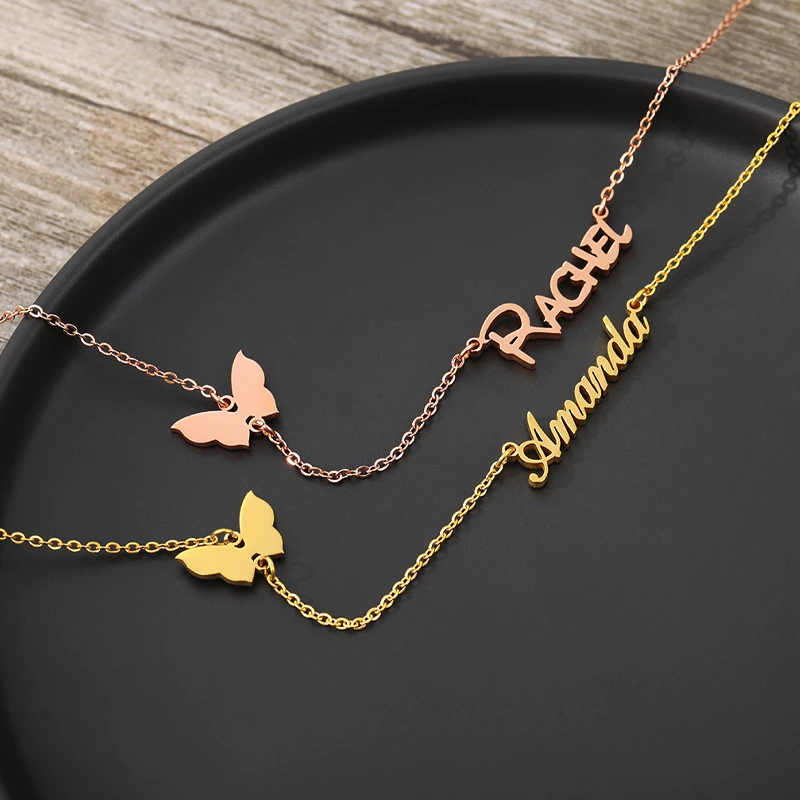 

Stainless Steel Nameplate Personalized Gold chain Choker Pendant Custom Name Butterfly Necklaces For Women