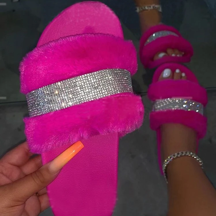 

New release shiny diamond soft fur sandals fashion women's winter Faux Fur sandals Slippers
