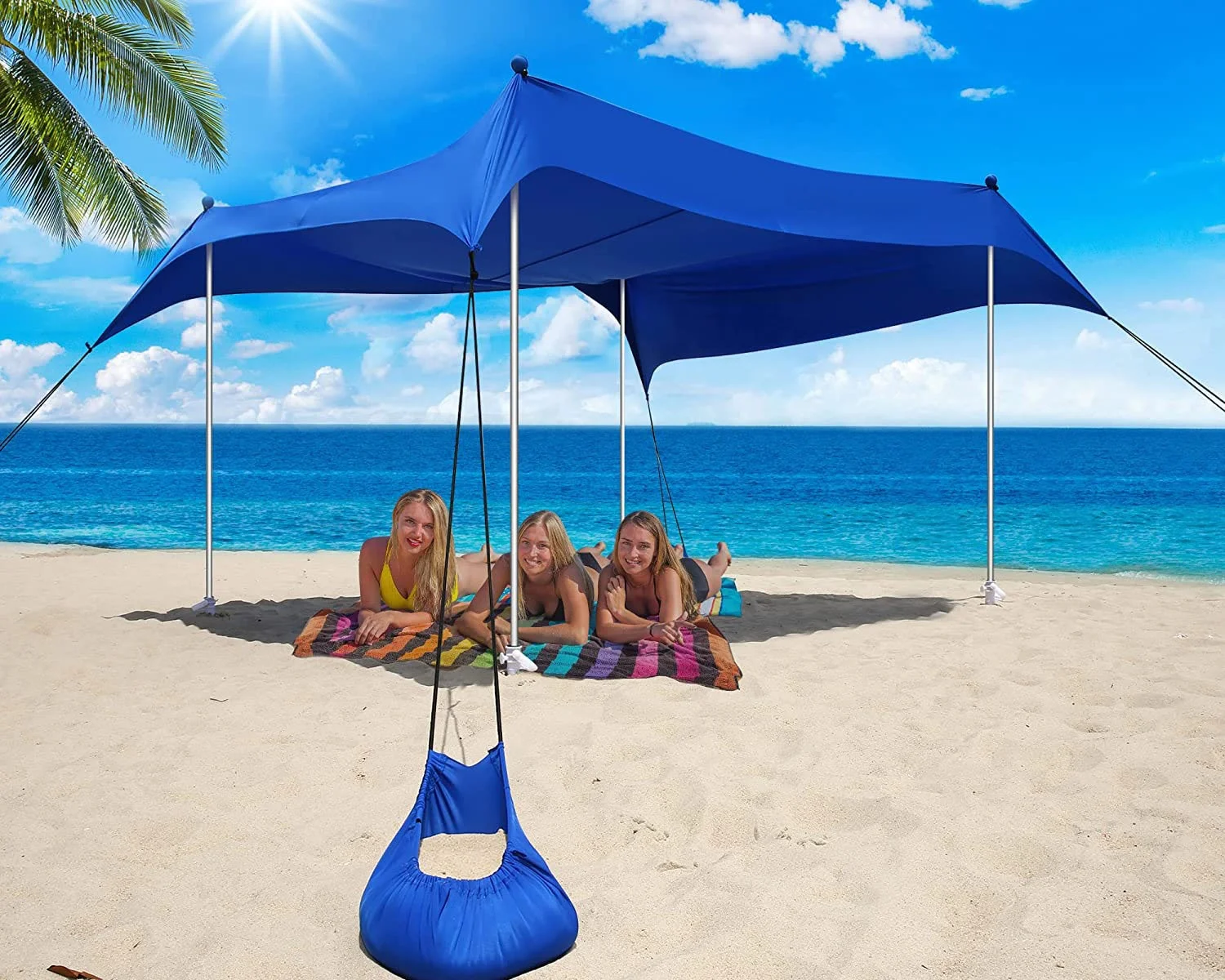 WOQI 35  Blue With Sandbags Poles nylon Fabric Summer Family Beach Tent Sun Shelter Canopy for Outdoor