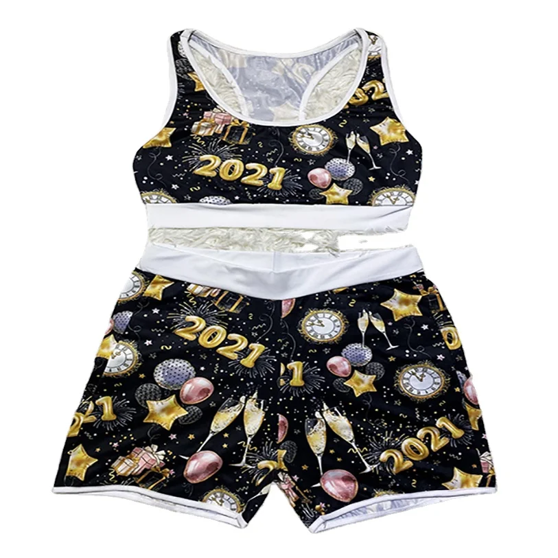 

2021 Hot Sale Champagne Printing Two Piece Set Women Short Sleeve Black 2 Piece Short Set Women Crop Top And Shorts Sets