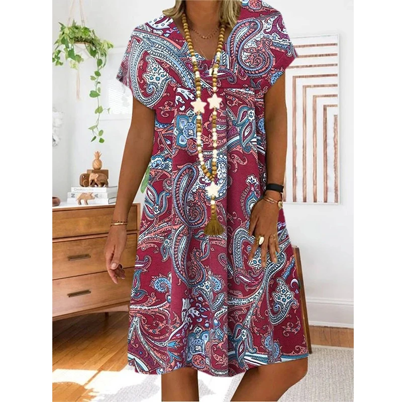 

Summer Hot Sale Fashion Flower Print Short Sleeve Casual Plus Size Floral Dress