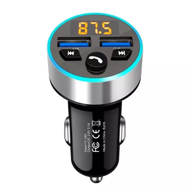 

BT 5.0 Car Mp3 Player 3.1A Fast Car Charger Hands Free FM Transmitter Usb Radio Station With LED Display, Silver gold black
