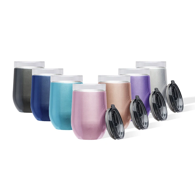 

Double walled stainless steel insulated vacuum stemless sublimation 12 oz wine tumbler wholesale with a sliding lid, Customized color