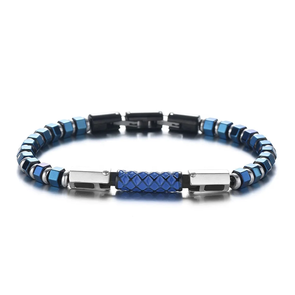 

REAMOR Detachable Clasp New Bracelet Stainless Steel and Blue Hemetate Unique Enamel Craft Connector Bracelet Jewelry for Men