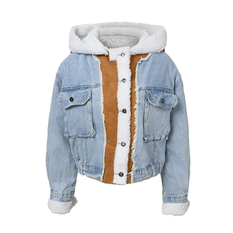 

Top Grade Women Winter Thick Hoodie Cotton-Padded Jacket Denim Lamb Wool Coat, Blue