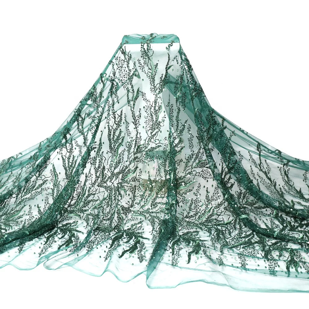 

Elegant tulle lace fabric African sequin lace with beads embroidery fabric for dress