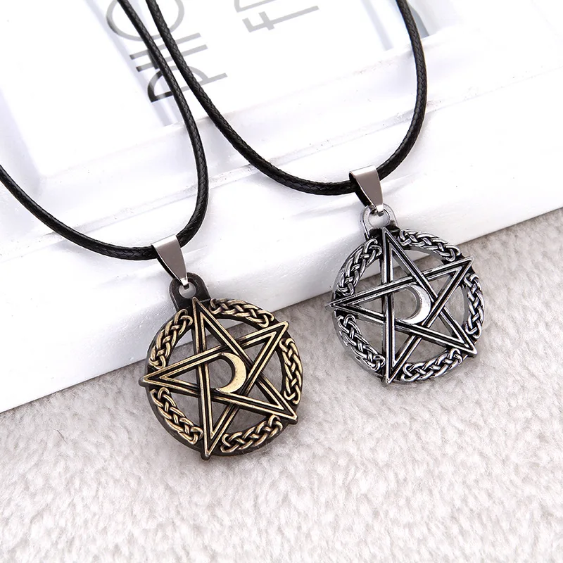 

Retro Pentagram Tree Of Life Moon Pendant Leather rope Necklace Chain Protection Star Amulet Jewelry
