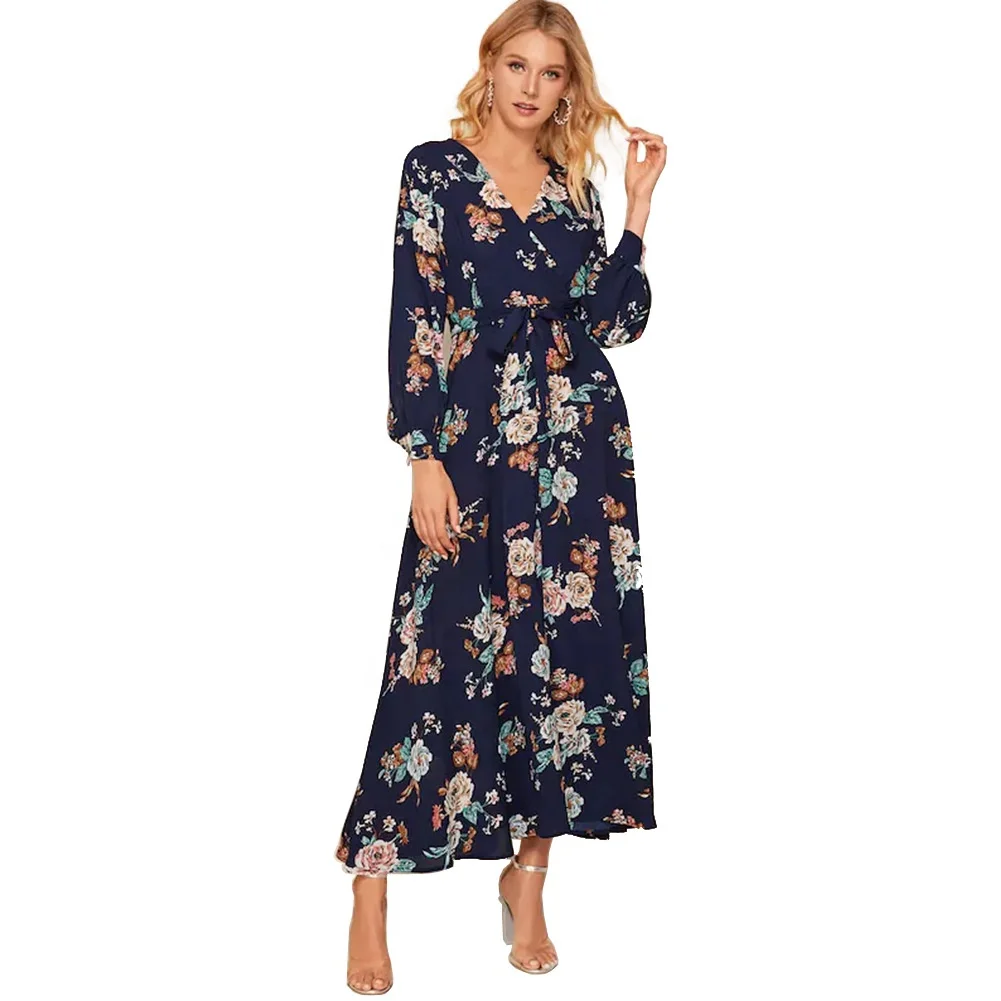

Factory Hot Sale Floral Print Chiffon Breathable Long Sleeve V Neck Beach Dress