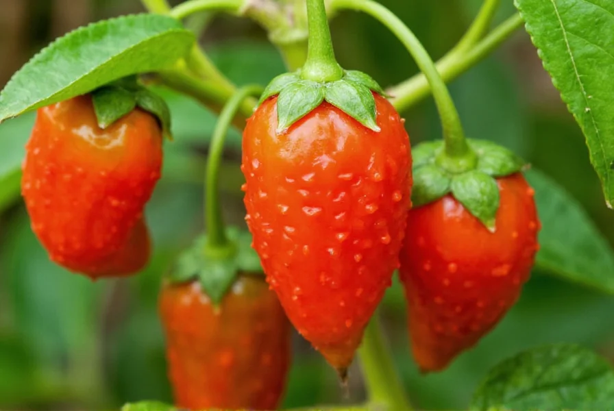 Close-up photograph of Carolina Reaper peppers showing their distinctive bumpy texture and stinger-like tail on green plant