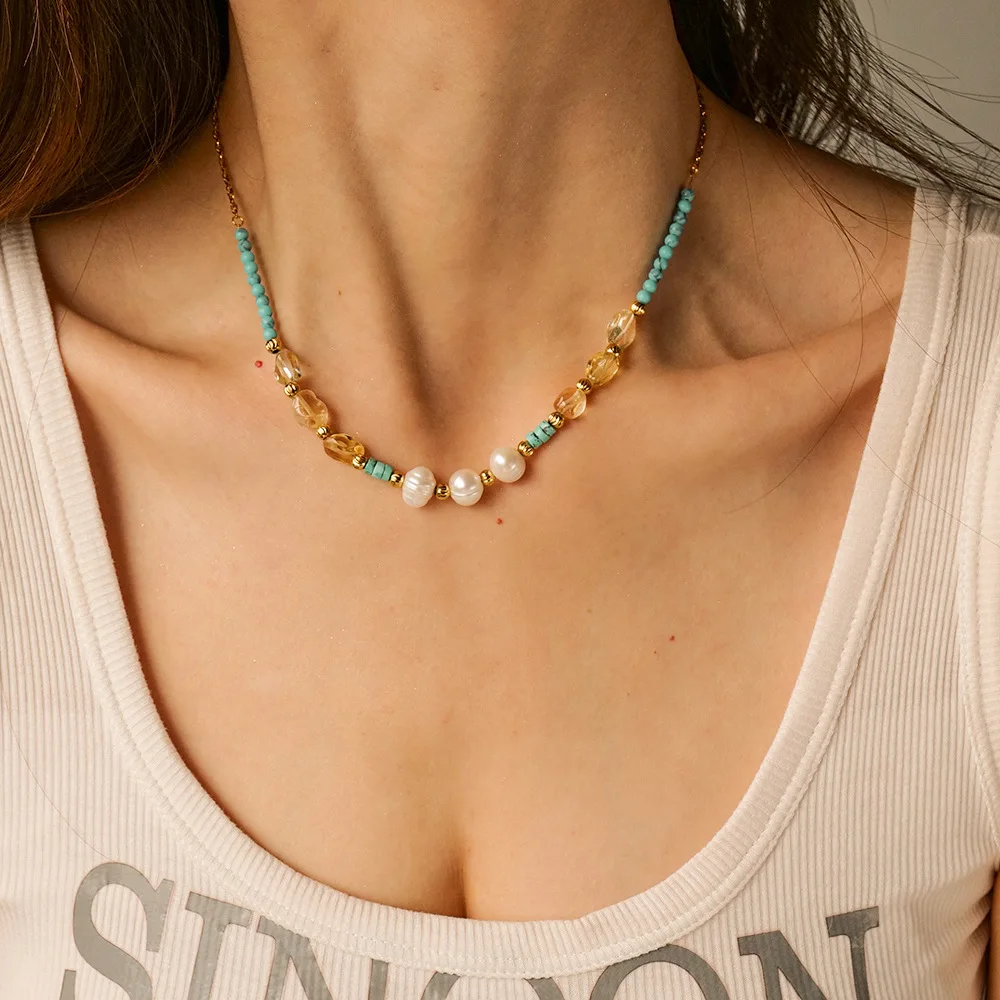 

Summer Color 18k Gold Stainless Steel Freshwater Pearl Beaded Necklace Feminine Clavicle Necklace