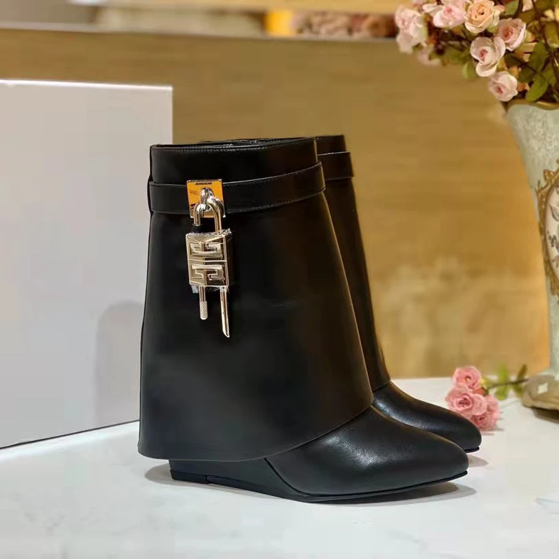 

New Styles High Quality Leather Women's Shark Lock Pant Boots High Heels Slip On Wedge Heel Winter Knee High Boots for Ladies, 12 colors