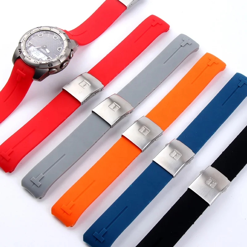 

Sports Rubber Silicone for Tissot Touch Smart Watch T013 T047 Waterproof Watch Band Strap Curved End Bracelet Silver Clasp