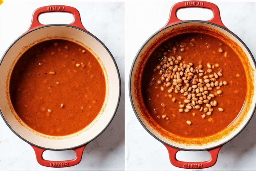 Step-by-step cooking process showing beans being added to simmering chili