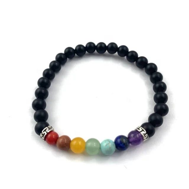 

Gemstone 6mm Onyx bracelet with chakra stones packaged in cellophane bag hot item