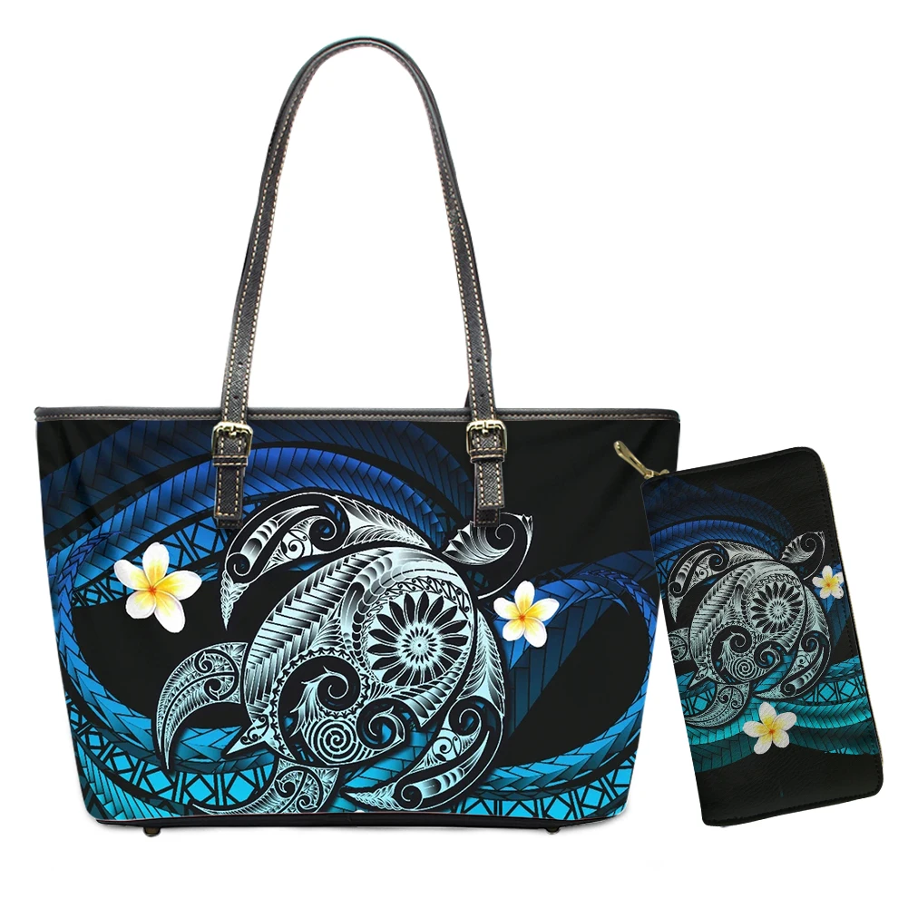 

Hawaiian Polynesian Tribal Flower Design Women Handbags And Wallet Set Matching Long Zipper Purses NO MINI Wholesale Custom Logo, Customizable