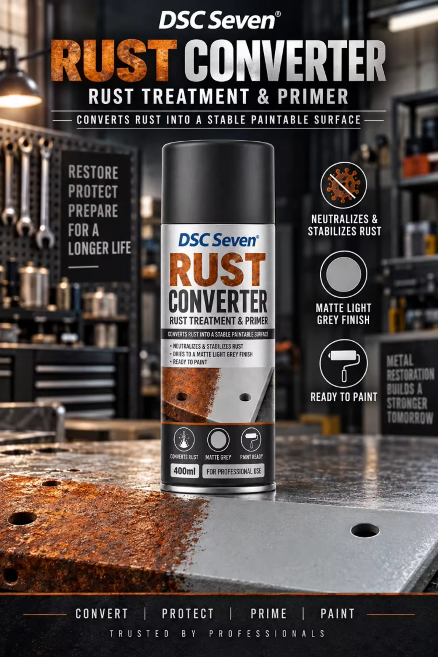 400ml Acrylic Aerosol Rust Converter Spray Paint for Rust Treatment and Steel Metal Restoration