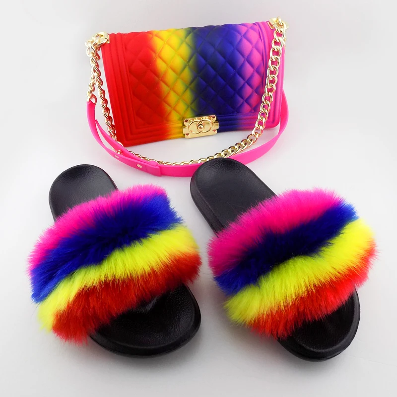 

Summer furry slippers and purse Colorful rainbow faux fur slipper and purse match, Red,blue ,green ,orange ,brown