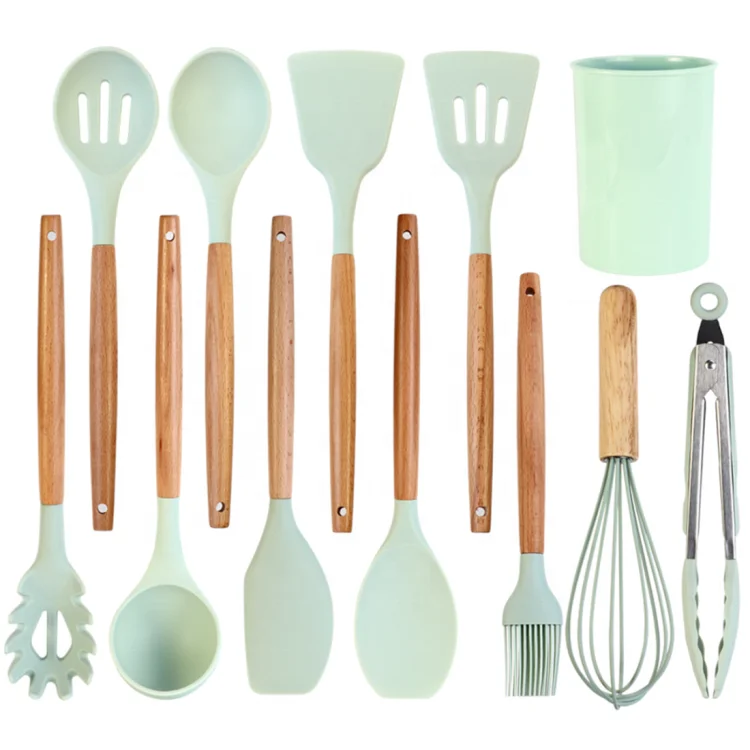 

12Pcs Wooden Handles Silicone Kitchenware Cooking Tools Accessories Wholesale Kitchen Utensil Set With Holder