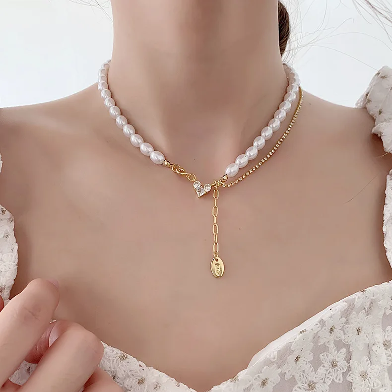 INS Fashion Jewelry Heart Crystal Necklace Choker Pearl Necklace Women