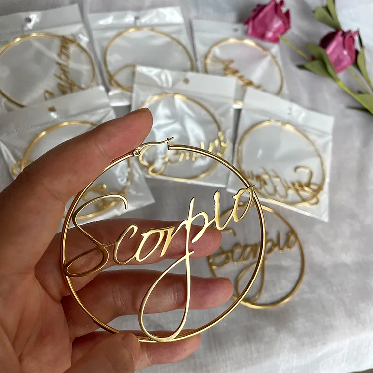 

tarnish free jewelry Customized high quality stainless steel zodiac sign big hoop earrings for women tarnish free jewelry, Gold