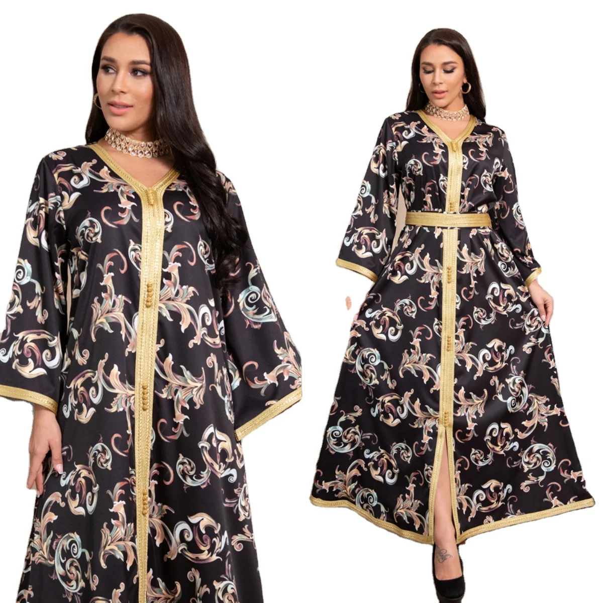 

HJ ZMDR54 EID clothes dress maroccan kaftan printed black abaya women islamic clothing muslim, Black jalabiya