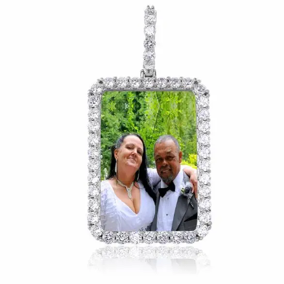 

Festival birthday gift rectangle photo medal pendant with chain necklace square memory zircon custom large photo frame pendant, Silver/gold