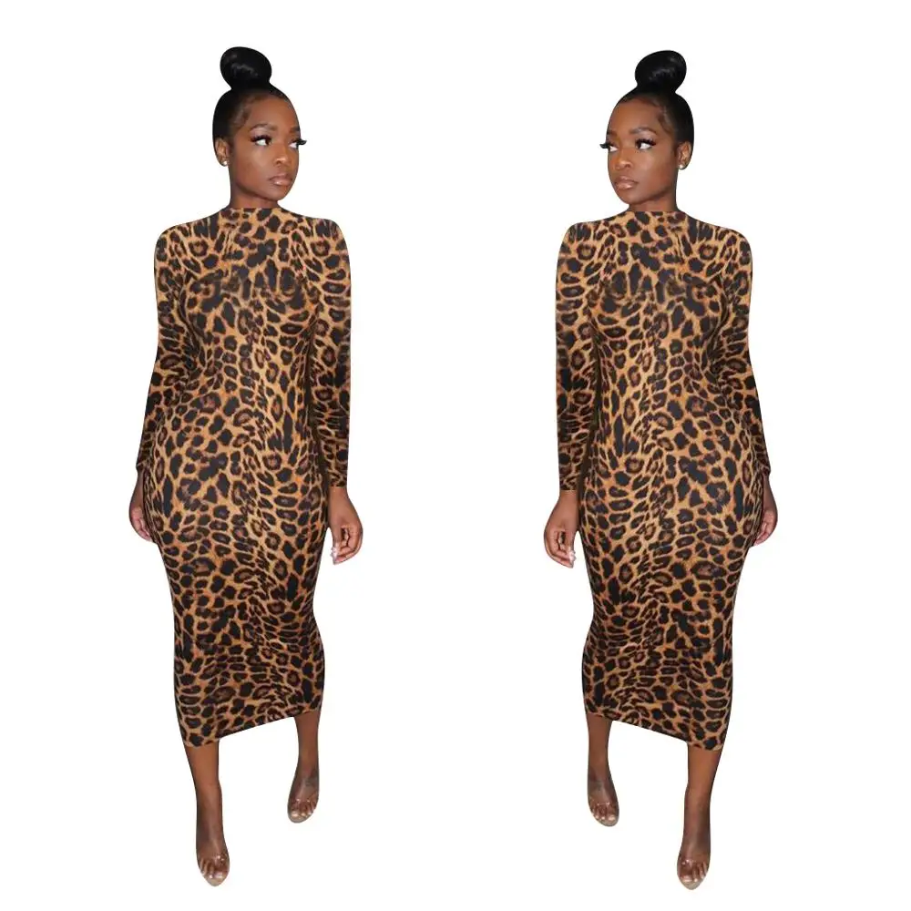

New autumn/winter 2019 Leopard print causal dress with high collar and long sleeves FM-3837, As pic