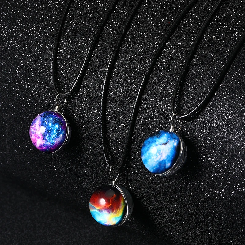 

Valentines Day Glass DIY Gifts Collares Vintage Statement Nebula Space Universe Necklace For Women Men, Silver