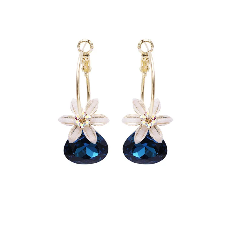 

2021 New Exquisite Crystal Flower Drop Earring Korean Fashion Gold Plated Red Blue Drop Earring Women's Jewelry