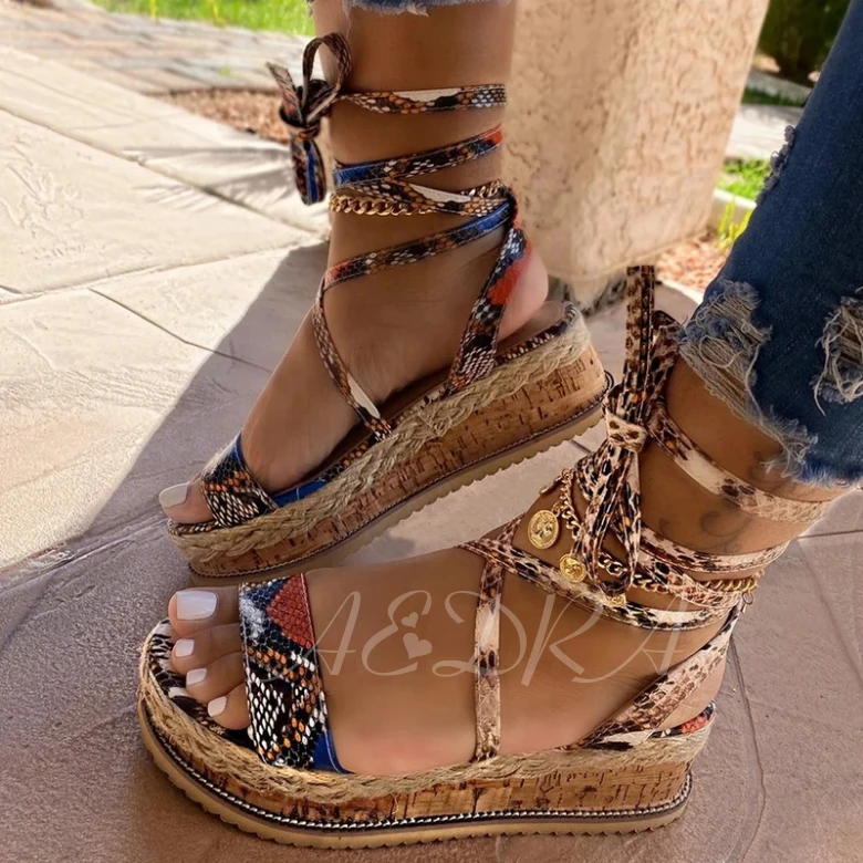 

Mixed Snakeskin Open Toe Ankle Strap Lace-Up Platform Women Sandals Flat Summer Slippers Shoes, Brown