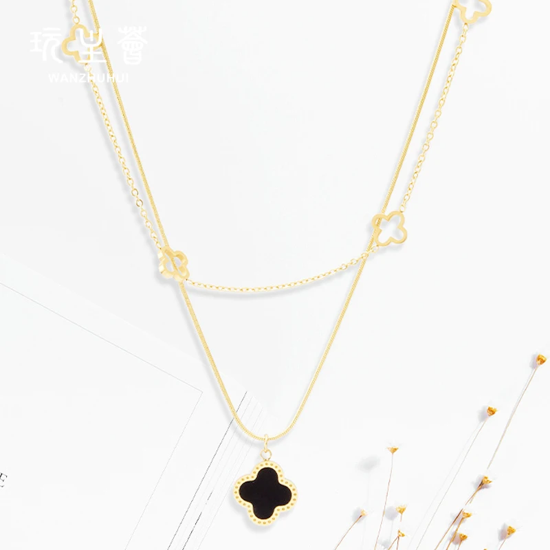 

Wholesale titanium steel women double layered hollow out flower pendant necklace