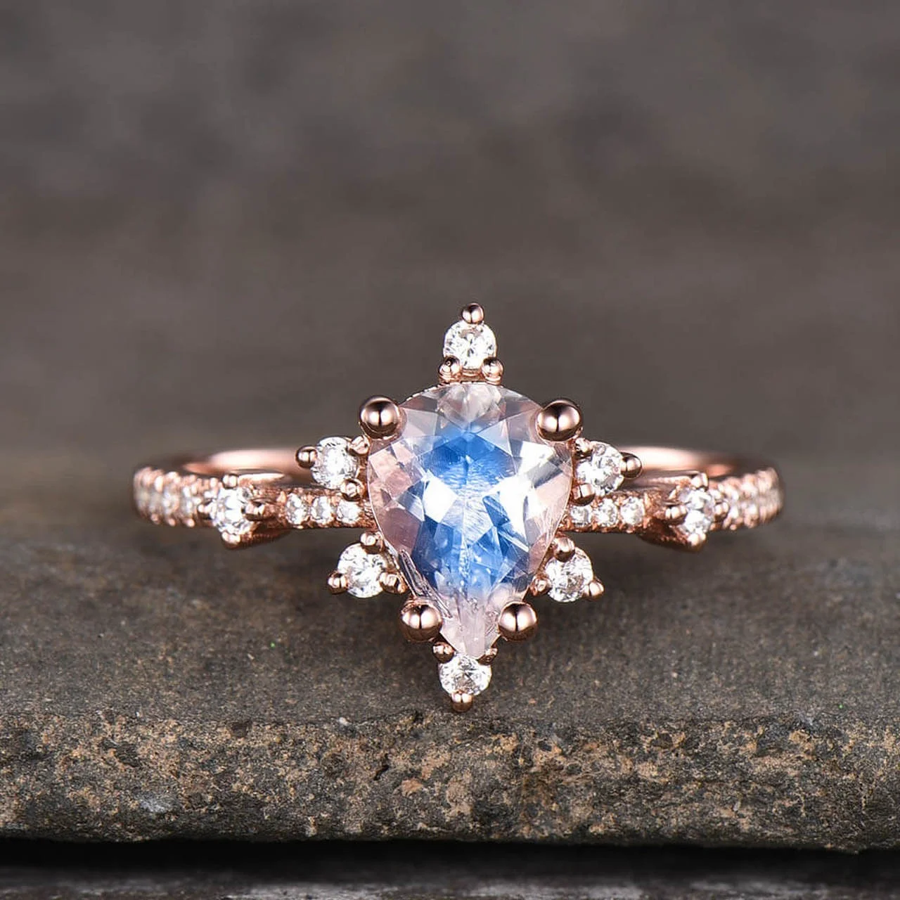 

Unique Rose Gold Jewelry 7*5mm Pear Cut Gemstone Rainbow Moonstone Engagement Ring