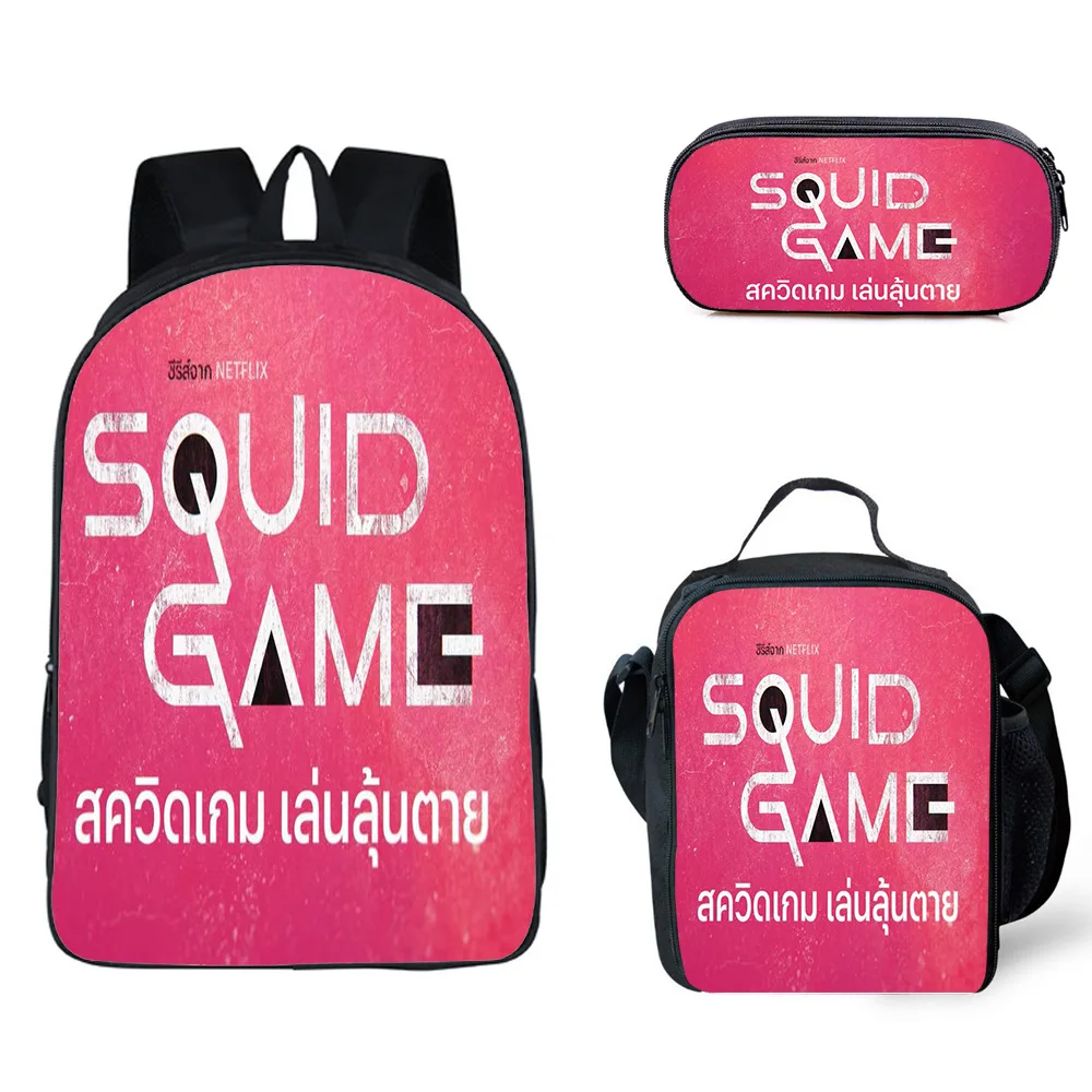 

2021 Hot sale Custom Squid Game Backpack Student School Bag Kits Polyester Pencil Bag Lunch Bag Set, As picture