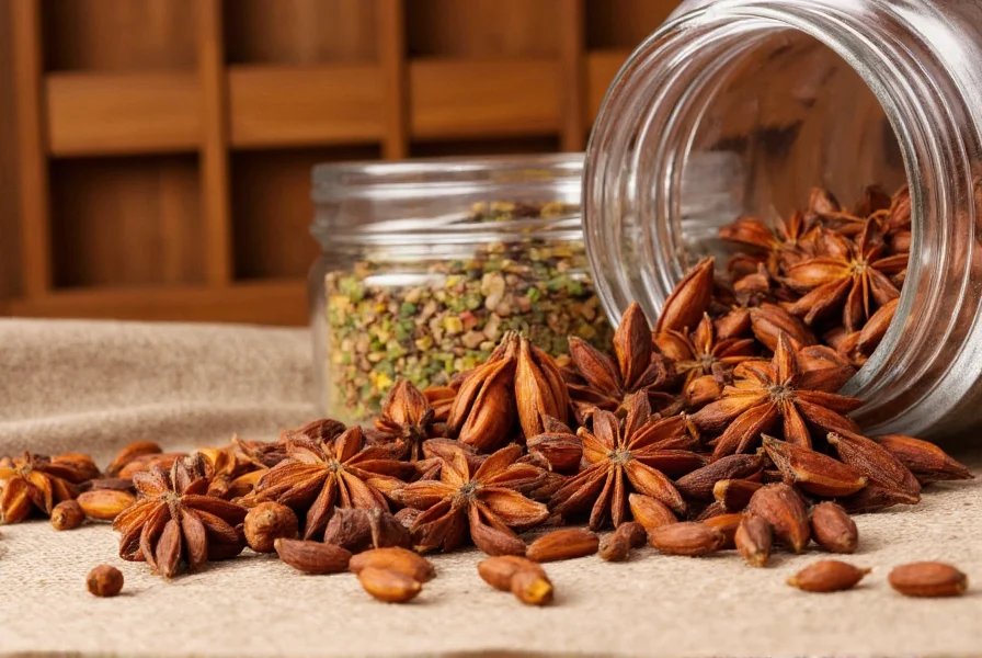 Star anise pods and alternative spices arranged in glass jars with wooden spice rack background