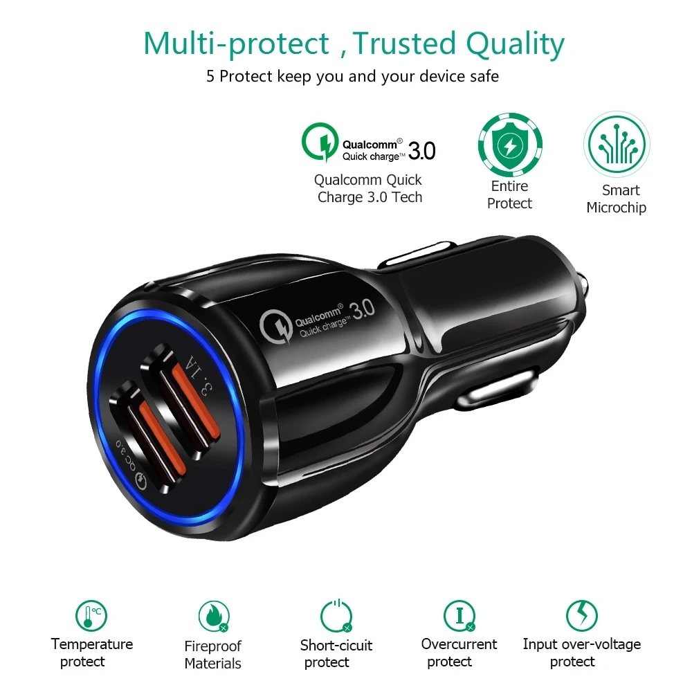 
CE/Rosh/FCC Cigarette Lighter Charger QC3.0 3.1A 2 Port Quick Charging Adapter USB Car Charger for mobile phone 