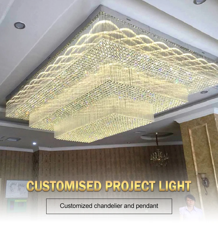 Square commercial chandelier glass crystal custom big project led pendant light