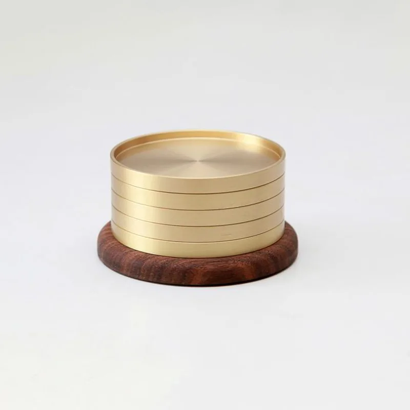 

MAXERY Brass Drink Coasters with Wood Saucer, Gold Round Coaster Set for Housewarming Gift (Set of 6)