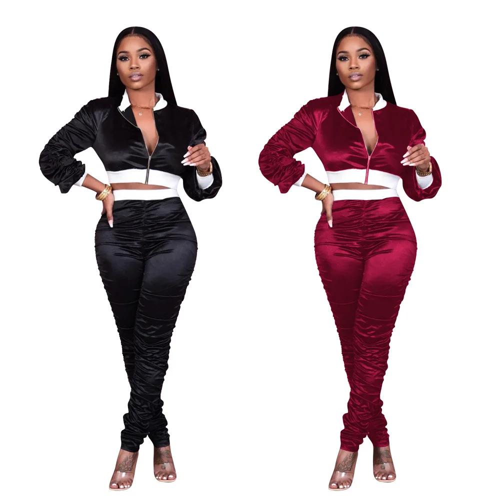 

women street out wear black and burgundy colors long ruffles sleeve zip up jacket stacked pants designer women 2 piece set